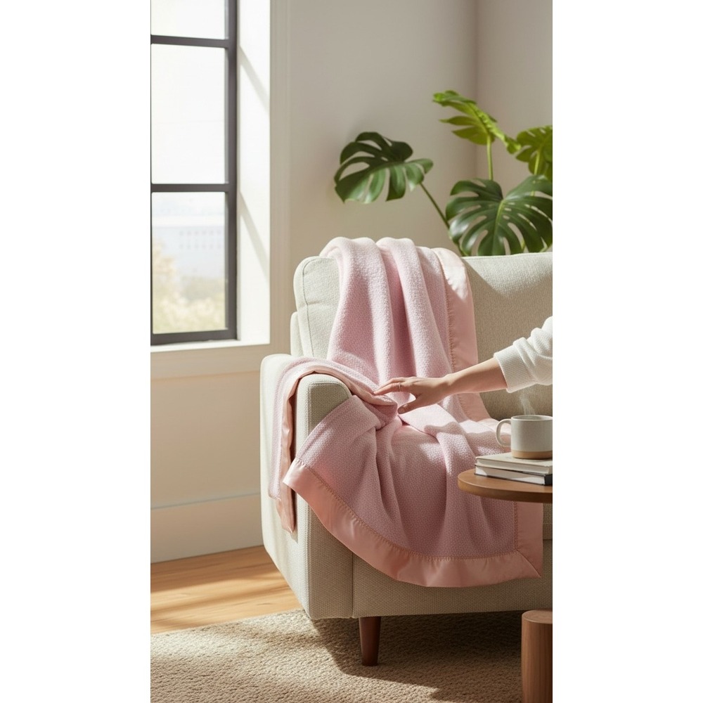 Vintage‎ Pink Satin Trim Blanket Biederlack Warm Feelings Oversized Throw 86x64